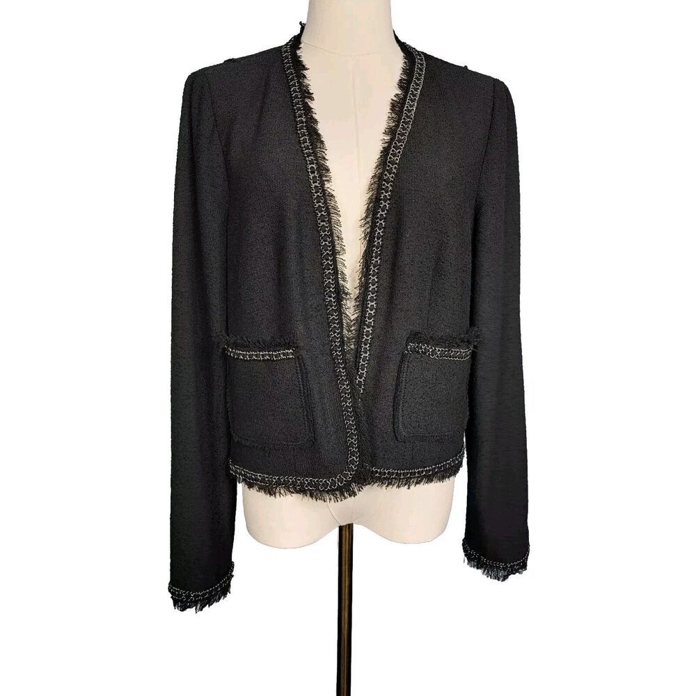 Rebecca Taylor Jacket Sz 10 Black Boucle Chain Link Trim Fringe Open Bla
